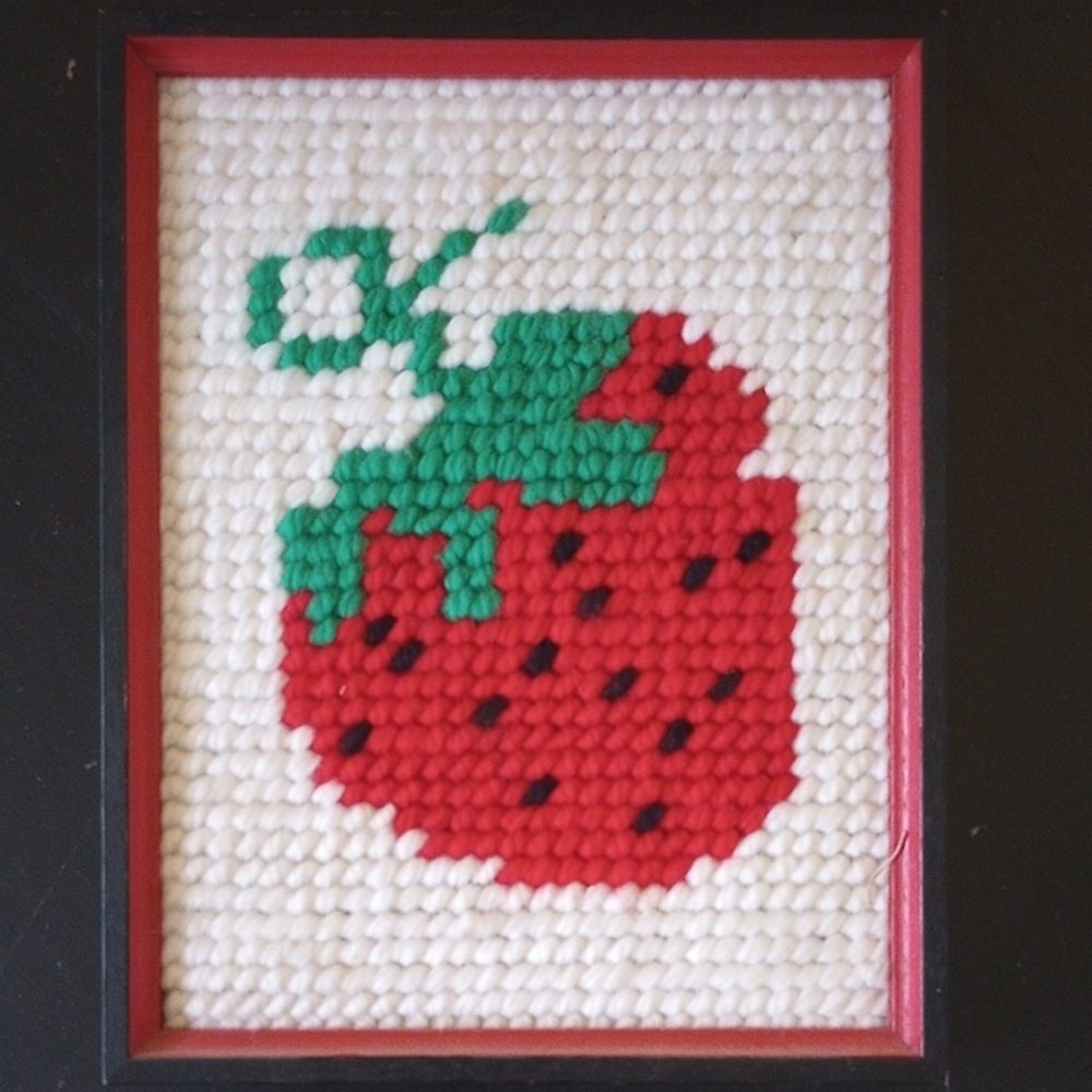 Vintage Needlepoint Strawberry Sampler in Black & Red 8 x 10 Wood Frame